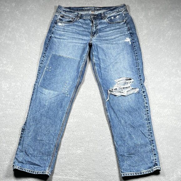 American Eagle 90s Straight Jeans Womens 10 Blue Denim Patchwork Distressed Y2K - Picture 1 of 16